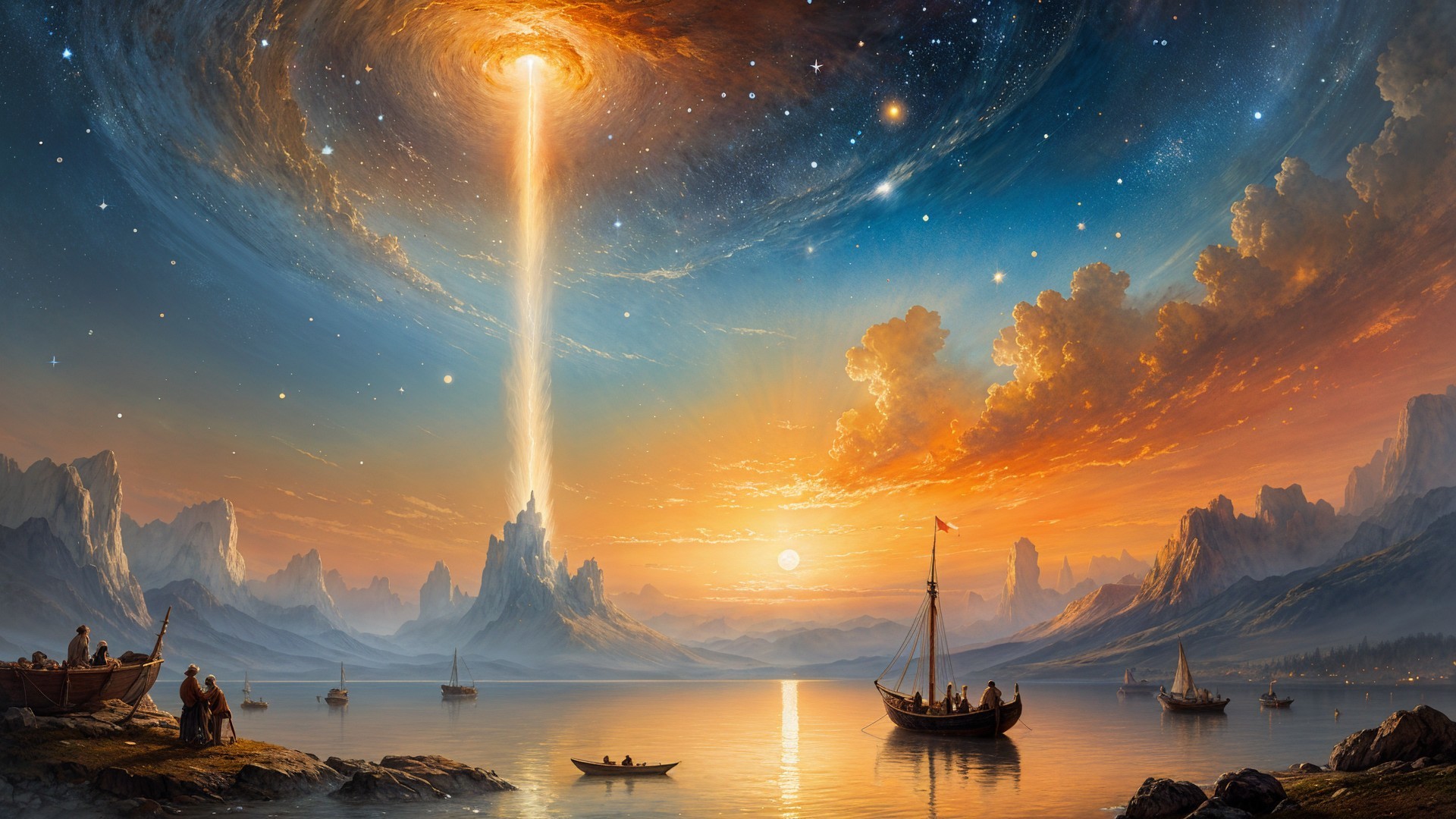 Vibrant Cosmic Landscape at Sunset with Reflections