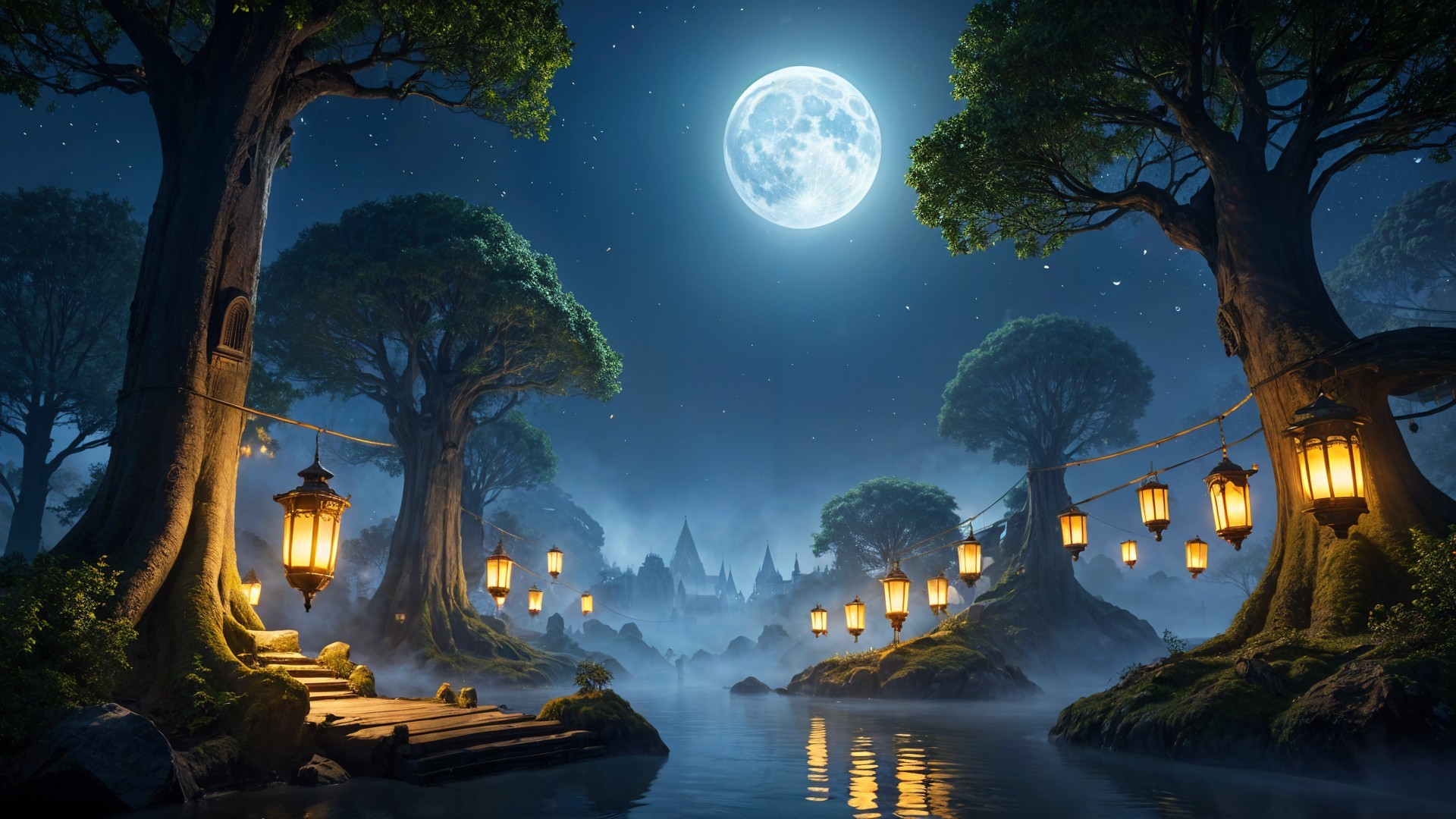 Moonlit Landscape with Trees and Lanterns Reflections