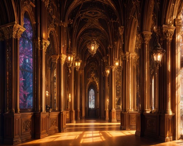 Opulent hall with intricate woodwork and golden light