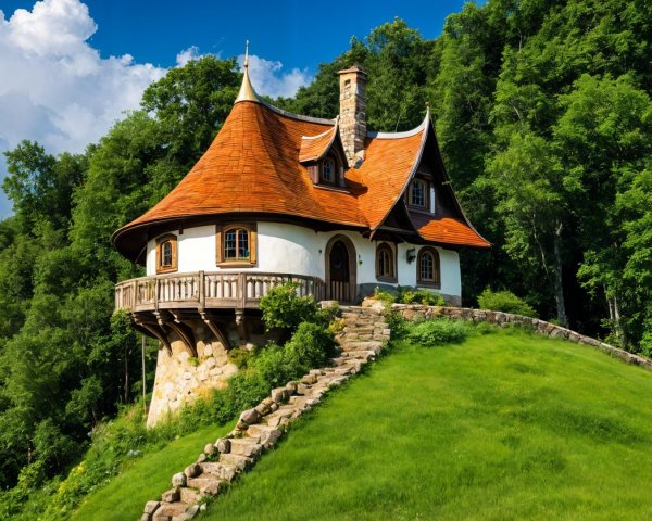 Whimsical Cottage with Orange Roof on Green Hill