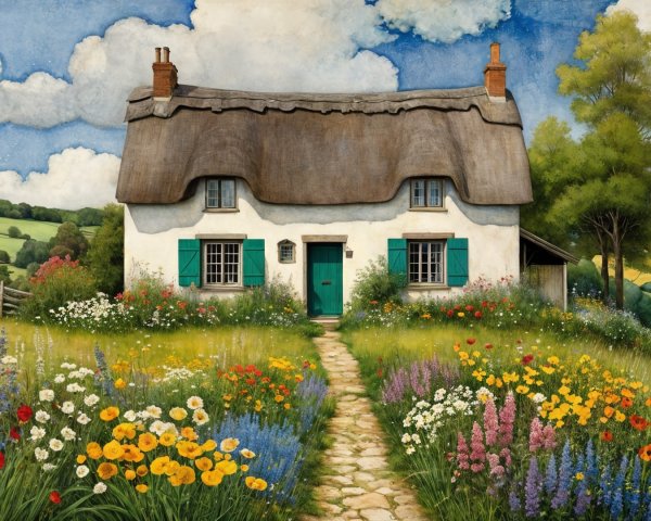 Thatched-roof cottage in a colorful garden setting