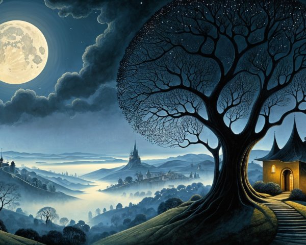 Mystical Landscape with Starry Sky and Castle