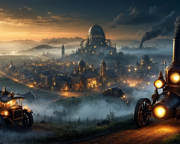 Steampunk Landscape at Sunset with Vintage Vehicles