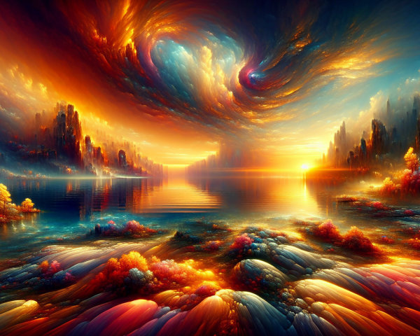 Surreal Landscape with Vibrant Sunset and Flora
