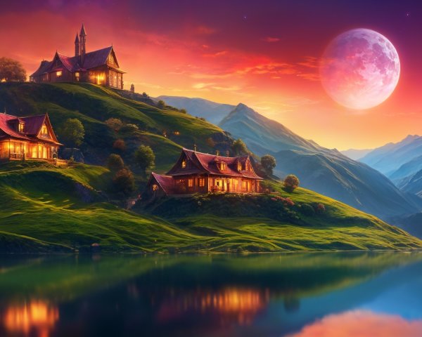 Tranquil Dusk Landscape with Houses and Moonlight
