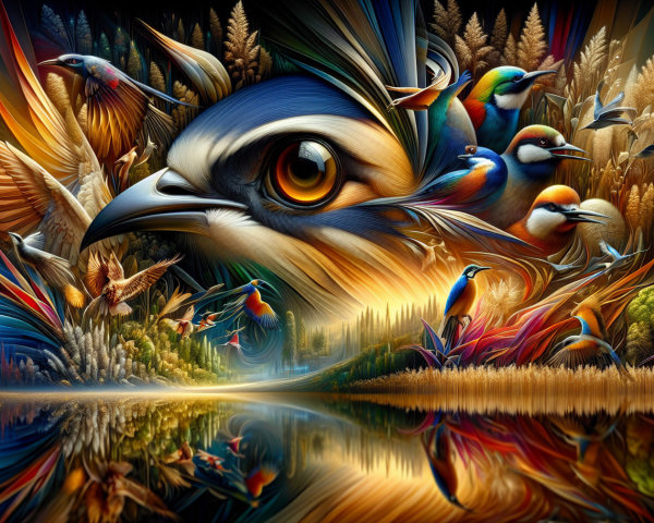 Colorful Artwork of Birds and Lush Foliage Scene