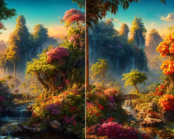 Serene Jungle Landscape with Waterfalls and Flora