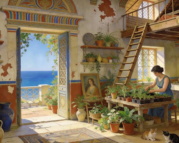 Oil Painting of Woman in Ancient Home with Cats
