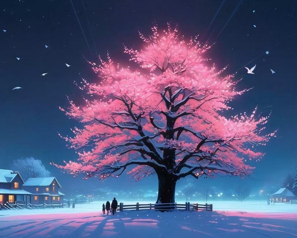 Dreamlike Winter Landscape with Glowing Cherry Blossom