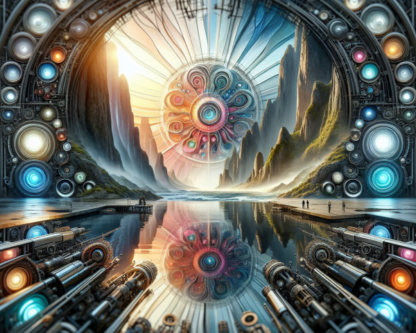 Surreal Landscape with Mandala and Serene Lake