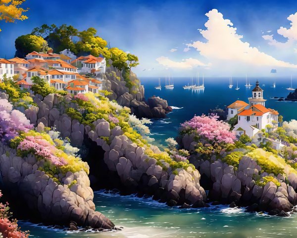 Vibrant Coastal Town Painting with Sailboats and Mountains
