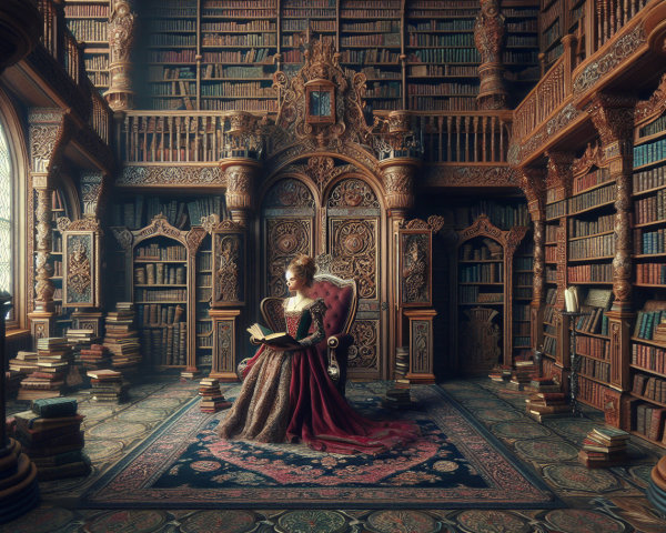 Elegant Woman Reading in an Ornate Library Setting