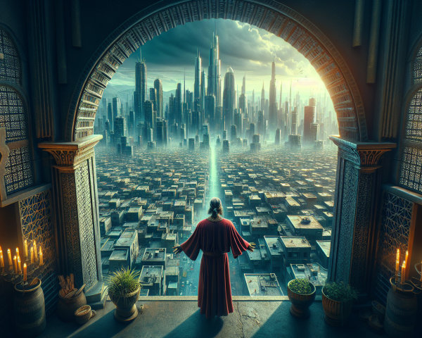 Hooded Figure Overlooks Futuristic Cityscape at Dusk