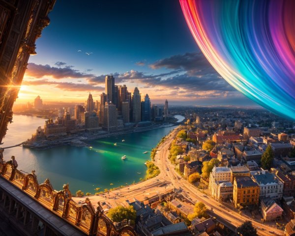 Ornate Balcony View of Vibrant City Skyline at Sunset