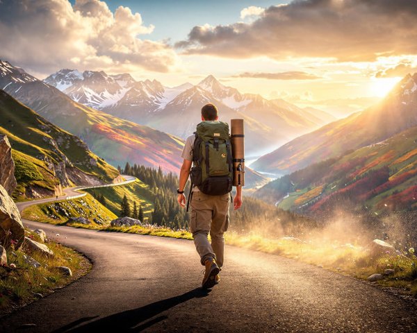 Man Walking on Winding Road into Valley at Sunset