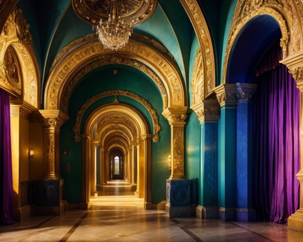 Opulent corridor with gold detailing and jewel tones