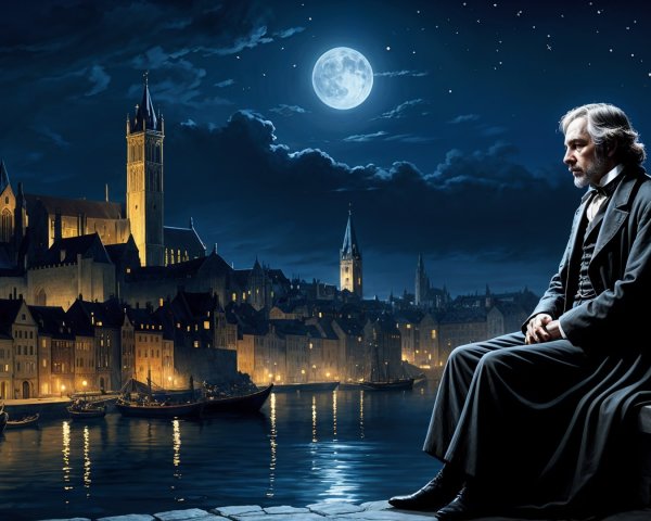 Contemplative Figure Overlooks Medieval City at Night