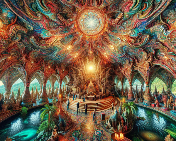 Ornate Hall with Intricate Designs and Lush Greenery