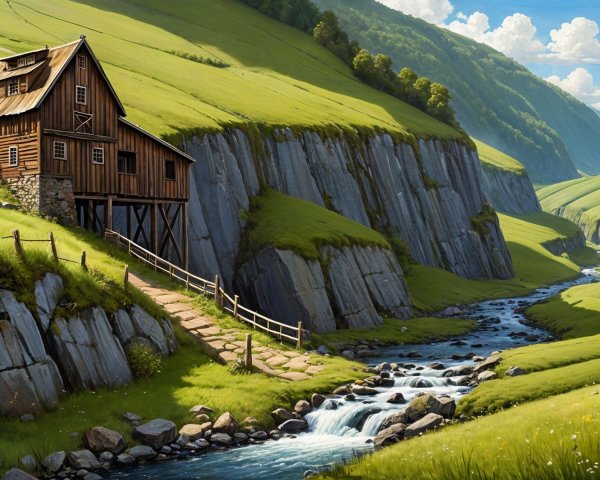 Rustic Wooden House Surrounded by Lush Green Hills