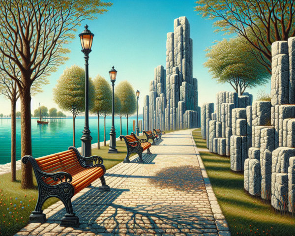 Lakeside Pathway with Benches and Rocky Background