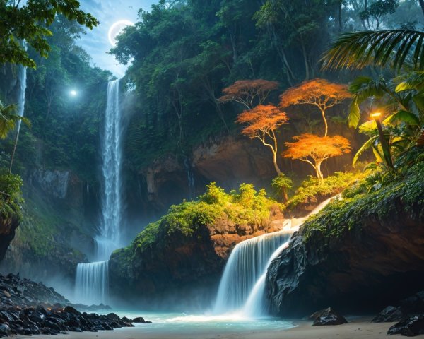 Serene Jungle Scene with Waterfalls and Lush Greenery