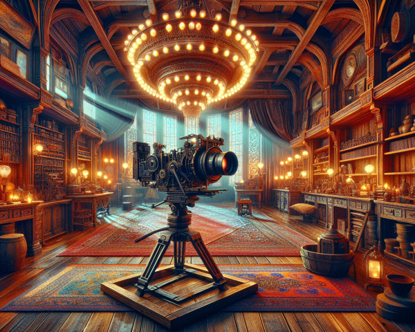 Grand library with books, chandelier, and vintage camera