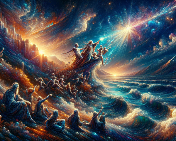 Ethereal Figures on a Rocky Shore Under Vibrant Sky