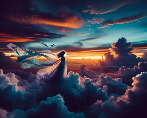 Ethereal figure in flowing fabrics at sunset clouds