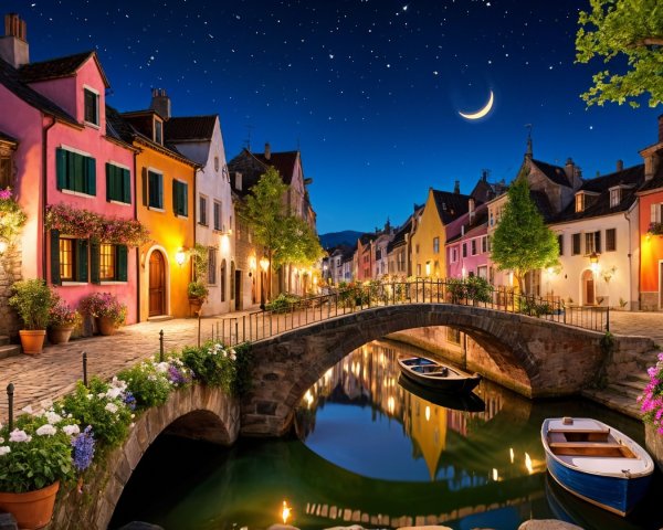 Charming Village Night Scene with Colorful Houses