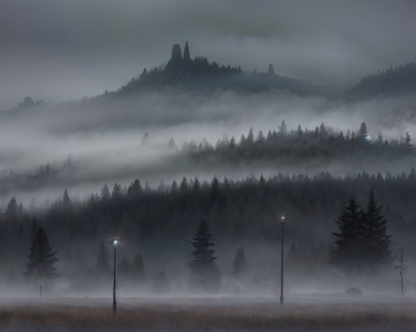 Misty Landscape with Rocky Formations and Trees