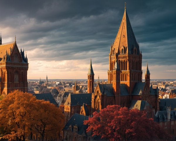 Historic cityscape with Gothic architecture and autumn colors