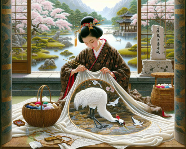Young Woman Embroidering Cranes and Blossoms in Japan