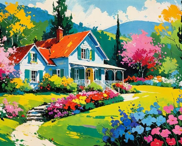 Cottage in a Colorful Spring Garden Setting