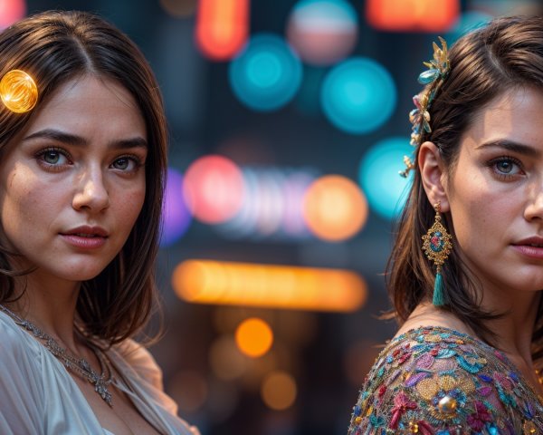 Young Women in Vibrant Urban Setting with Bokeh Lights