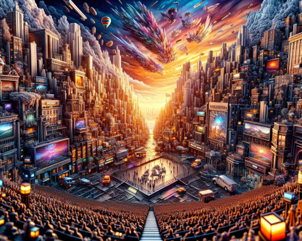 Futuristic cityscape with vibrant sunset and performances