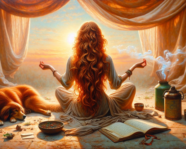 Woman Meditating at Sunset Surrounded by Nature