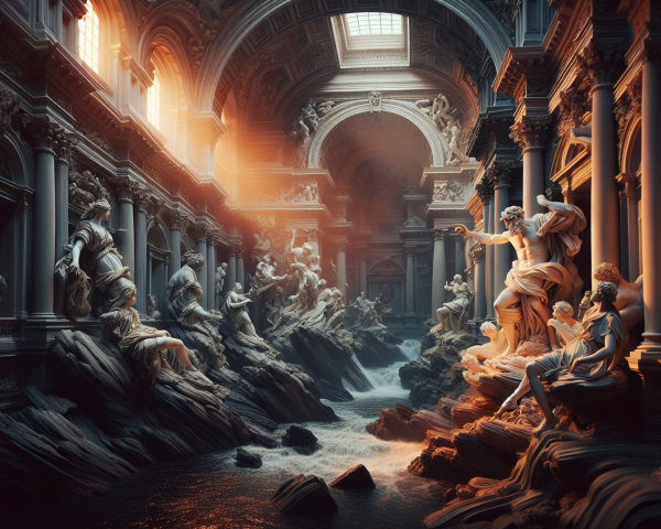 Dimly Lit Hall with Marble Sculptures and Water Features