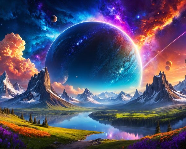 Vibrant Cosmic Landscape with Colorful Planet and Nature