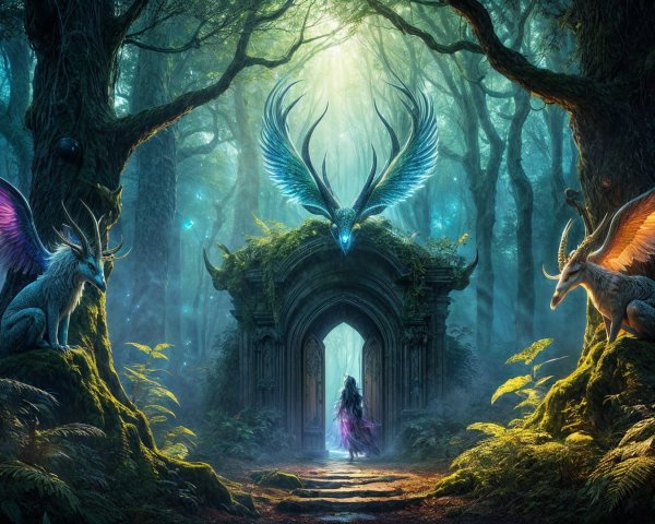 Mystical forest with ancient archway and creatures