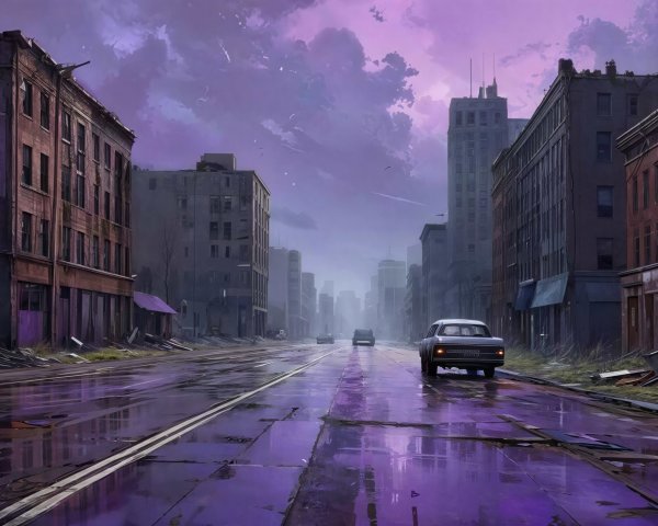 Abandoned City Street Scene Under Purple Sky