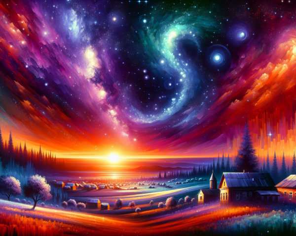 Cosmic Landscape with Vibrant Colors and Countryside