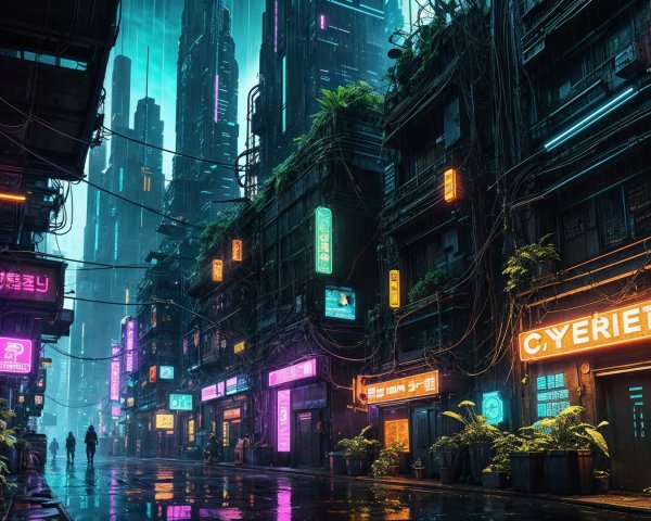 Futuristic Night Cityscape with Neon Alleyways