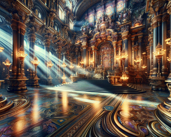 Opulent hall with ornate windows and carved columns