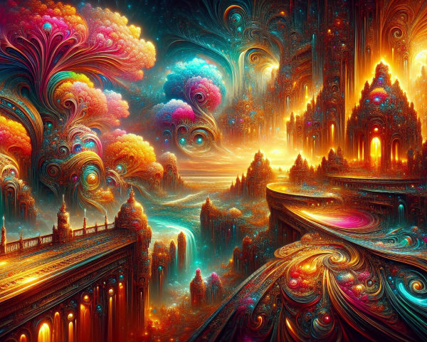 Vibrant Fantastical Landscape with Majestic Structures