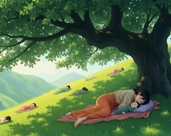 Serene landscape with a woman and child under a tree
