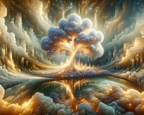 Majestic luminous tree amidst serene pastel clouds