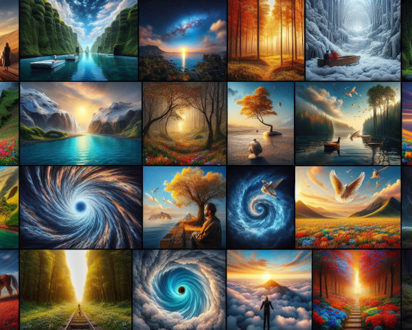 Vibrant Collage of Dreamlike Landscapes and Elements
