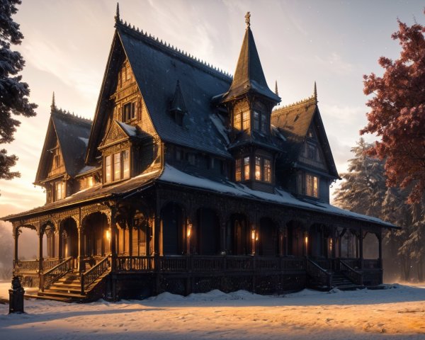 Victorian Mansion in Snowy Landscape with Warm Glow
