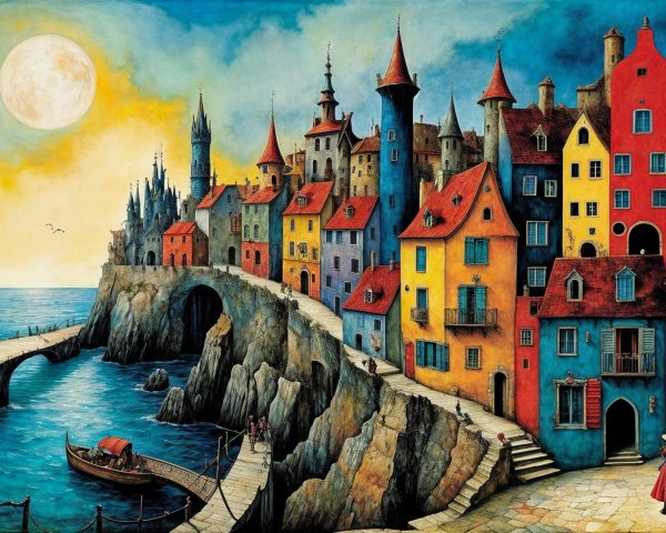 Vibrant Coastal Town with Colorful Buildings and Moon