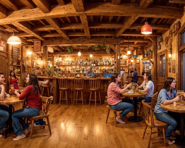 Rustic Bar Setting with Wooden Beams and Cozy Ambiance